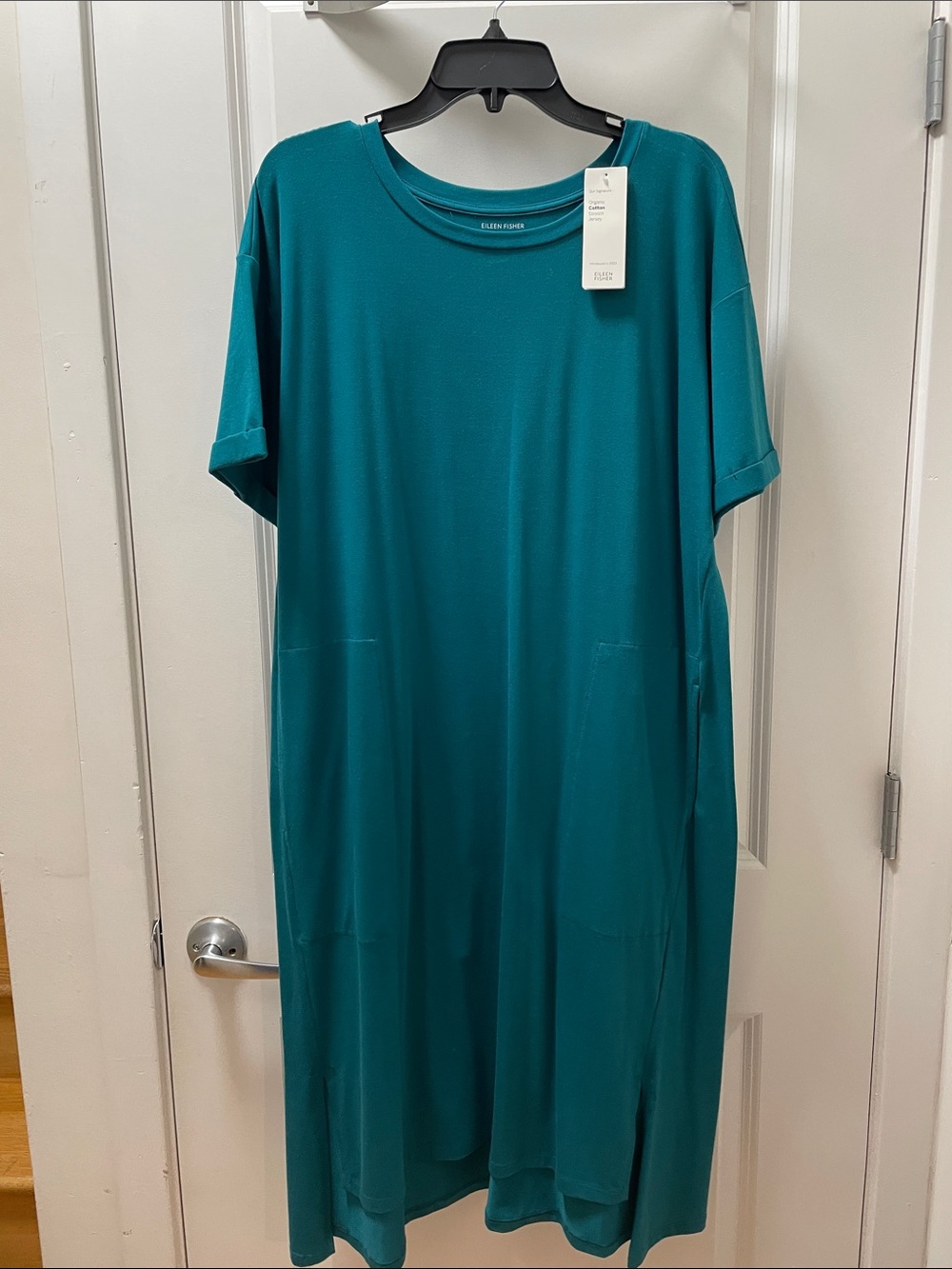 Eileen Fisher Teal Short Sleeve Pocket Midi Dress